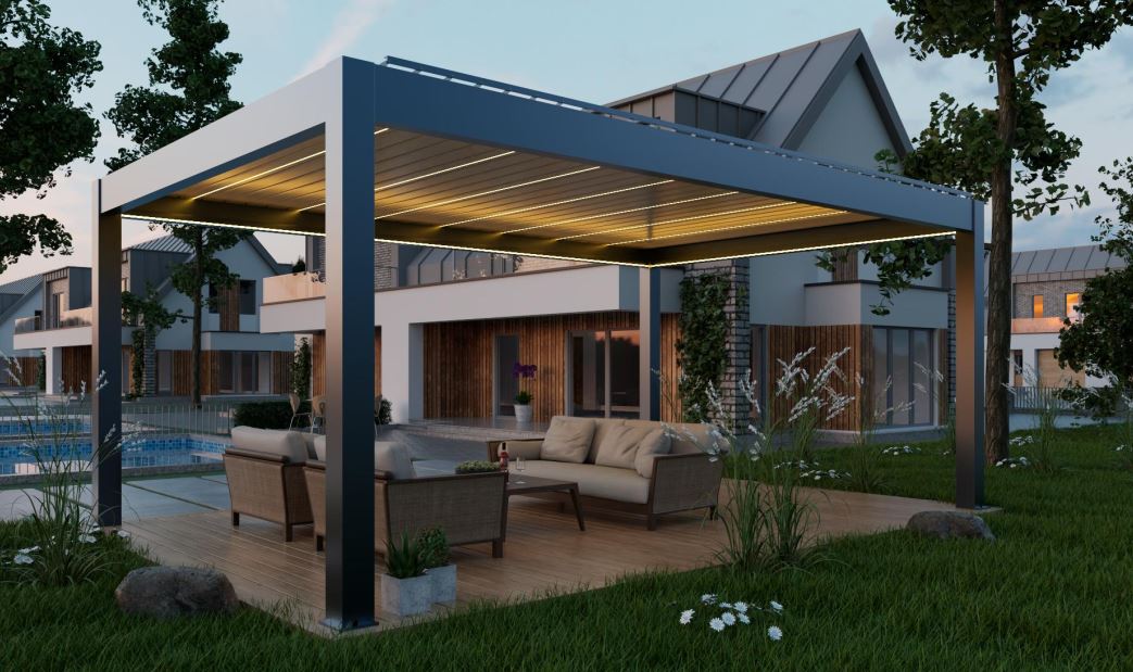 Velika aluminijasta lamelna pergola Pergola 220 nad leseno teraso na vrtu
